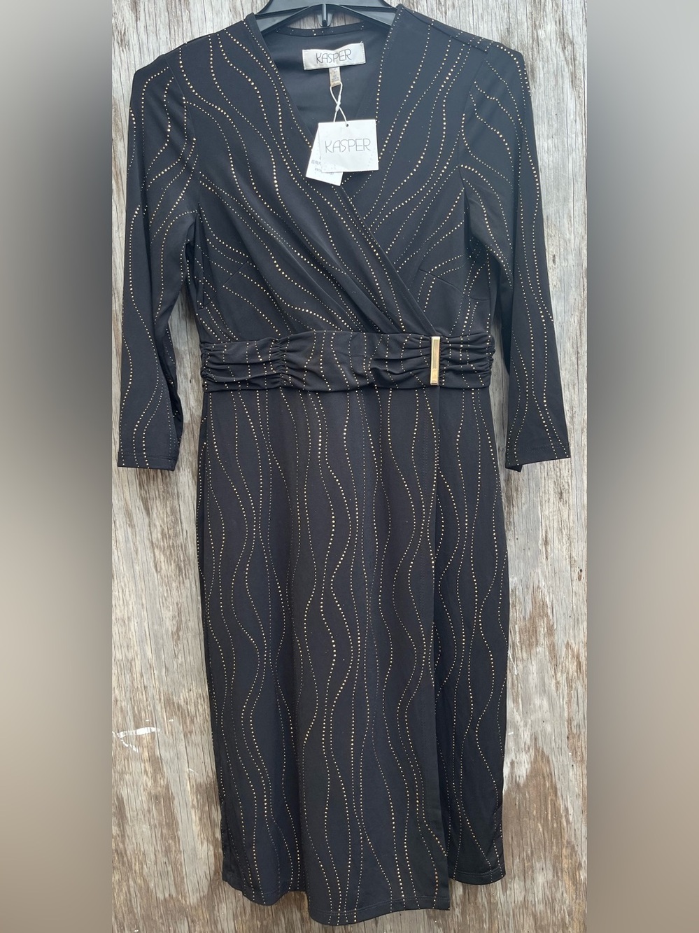 Kasper Black V-Neck Faux-Wrap Midi Dress with Metallic Wave Stitching